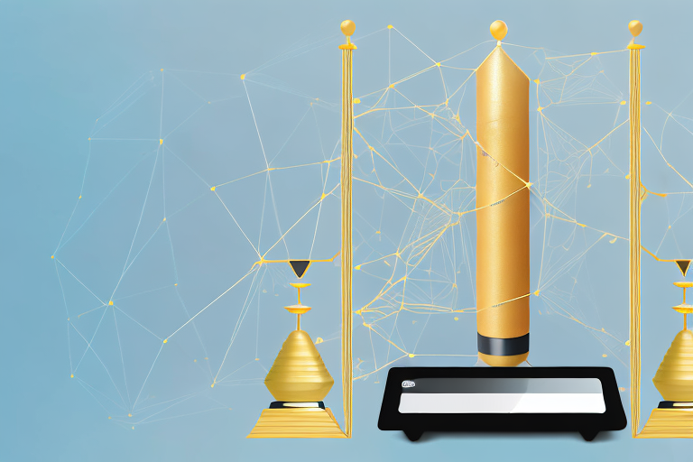 A digital scale balancing a stack of amazon packages on one side and a gold trophy representing the 'ultimate guide' on the other side