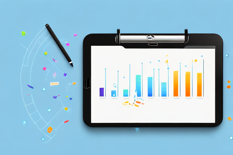 A digital tablet displaying a fluctuating bar graph and a price tag