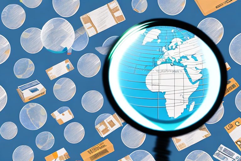 A magnifying glass hovering over a globe with various amazon packages scattered around