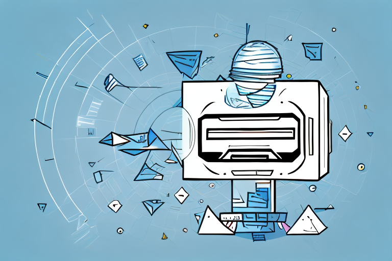 A dynamic scene featuring a barcode scanner scanning a box with the amazon arrow symbol