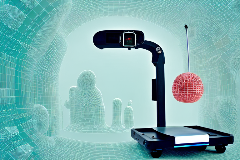 A 3d scanner along with various price tags floating around it