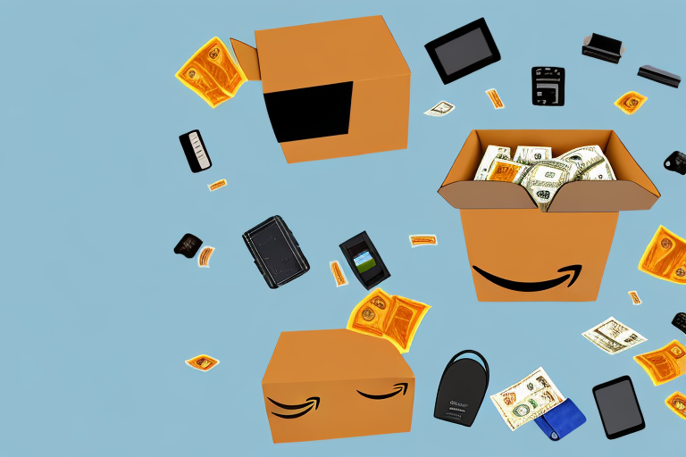 An amazon box surrounded by various retail items like electronics