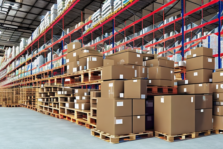 A warehouse with a pallet loaded with boxes ready to be shipped