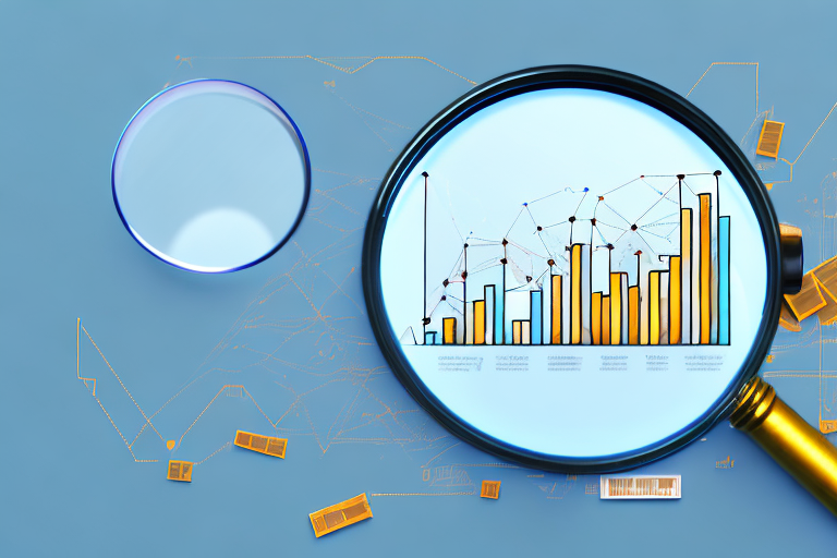 A magnifying glass focusing on a computer screen displaying a successful bar chart