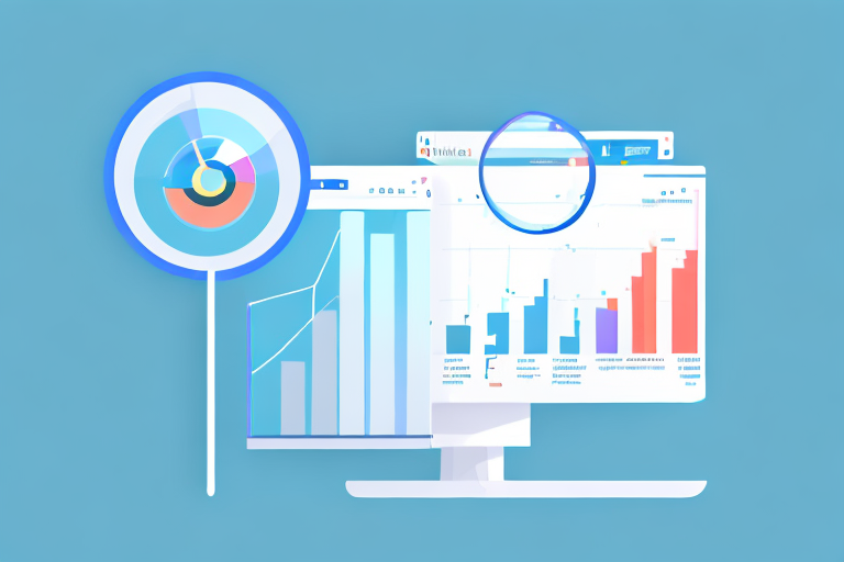 A magnifying glass hovering over a computer screen displaying a bar chart and pie chart