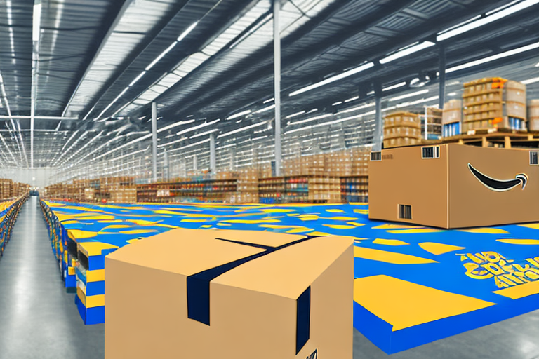 A warehouse with amazon boxes being sorted onto conveyor belts