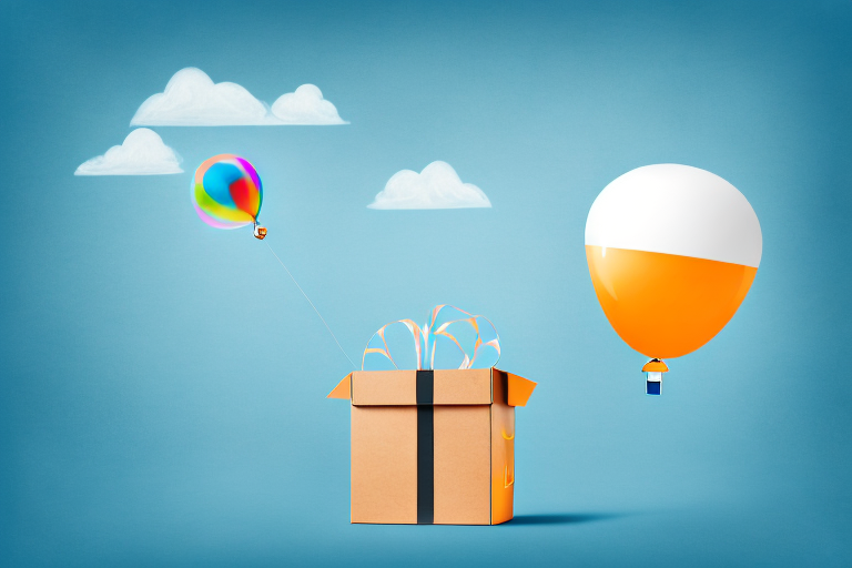 A helium balloon attached to a box labeled 'amazon' ascending skyward