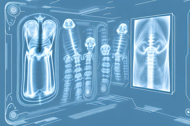 An x-ray machine extending its mechanical arm towards a radiographic film