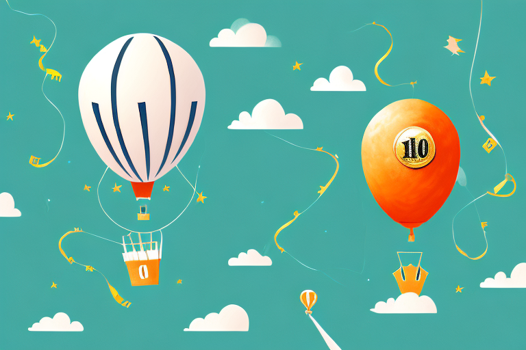 A helium balloon with a number 10 on it soaring high above a stylized amazon rainforest