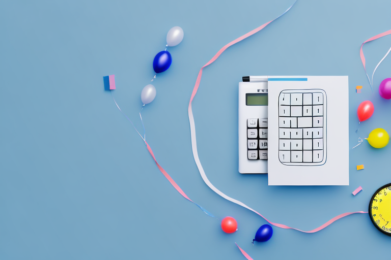 A helium tank with a calculator and various helium-filled balloons in different sizes floating above it