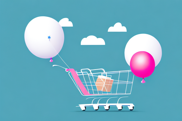 A helium balloon lifting a shopping cart high into the sky