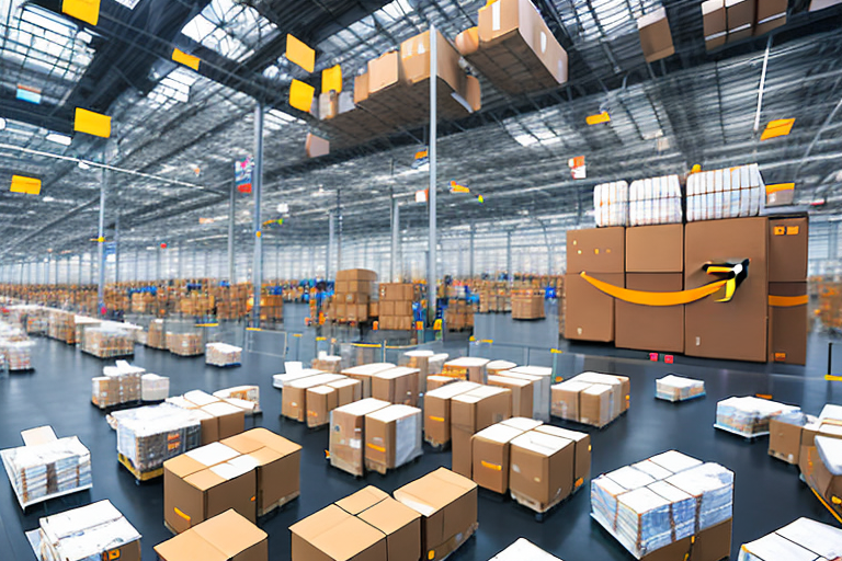 A bustling amazon warehouse with boxes on conveyor belts