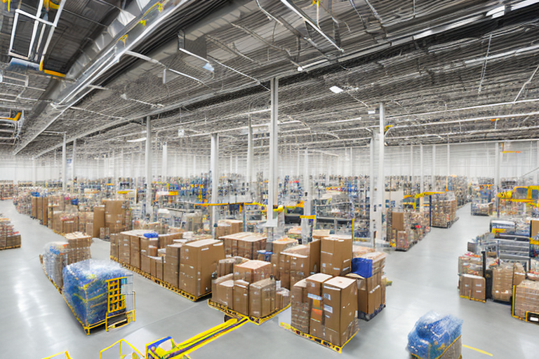 A bustling amazon fulfillment center