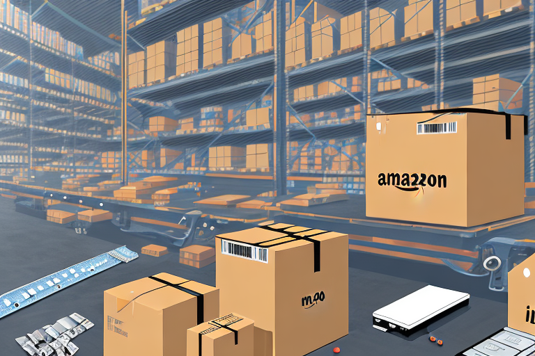 A warehouse with amazon-branded boxes on conveyor belts