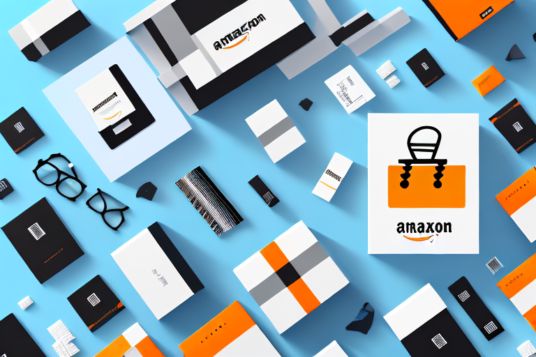 A startup kit with various ecommerce tools and boxes marked with barcodes