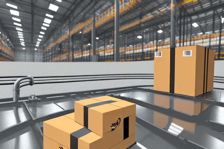 A simplified warehouse with amazon-branded boxes on conveyor belts