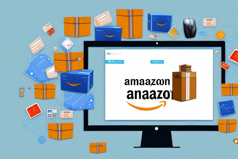 A computer screen showing an interface of the amazon message center surrounded by various online shopping items like a cardboard box