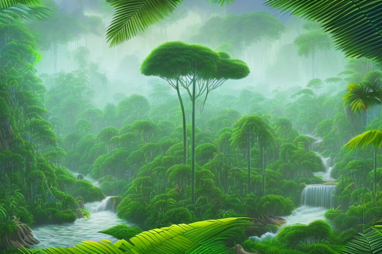 A stylized amazon rainforest landscape with prominent elements like the river and exotic plants