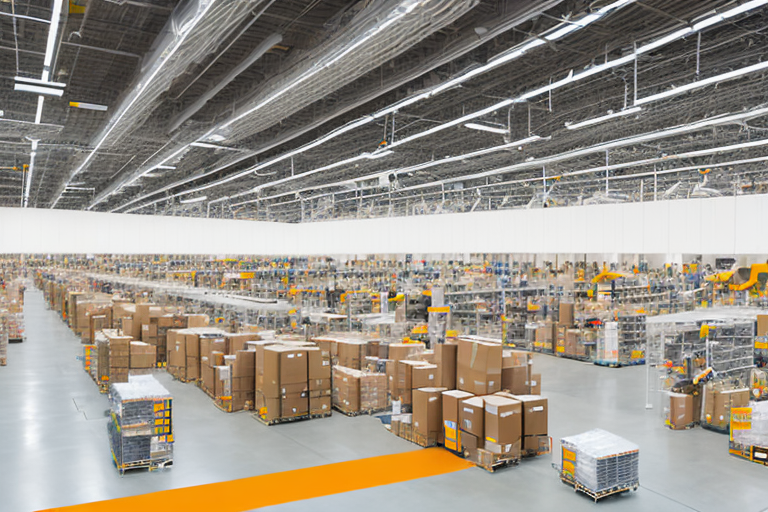 An amazon fulfillment center with visible sections showing the operational process