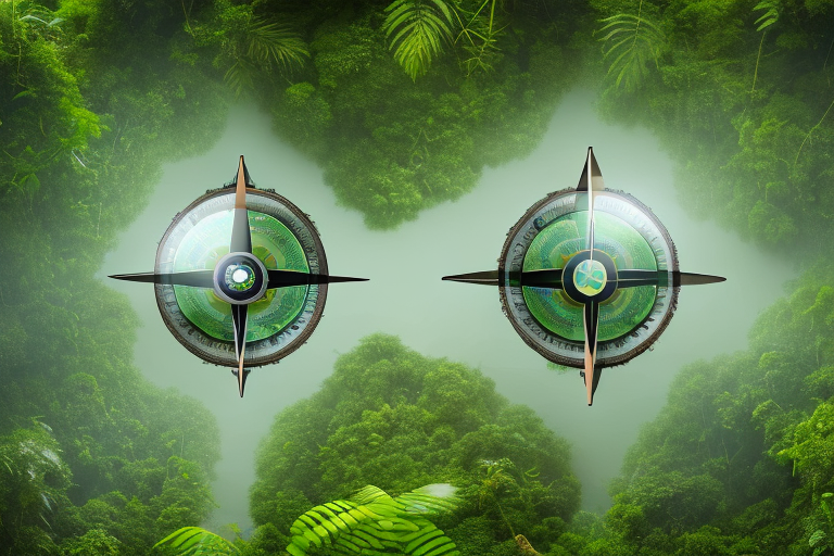 An amazon rainforest landscape with symbolic elements like a compass and a magnifying glass