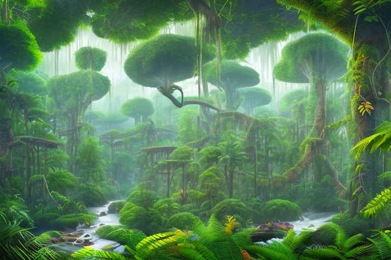 A stylized amazon rainforest with various elements such as a river