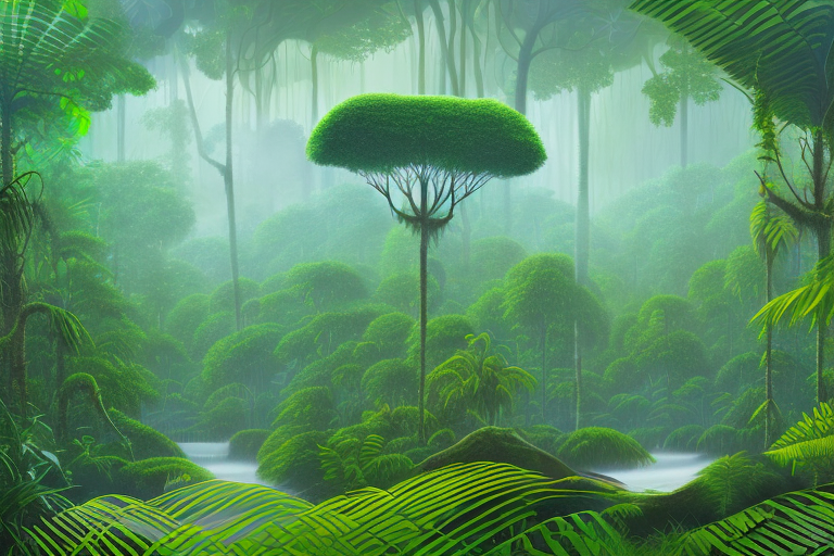 An amazon rainforest landscape with a symbolic representation of an mce1 device integrated into the scenery