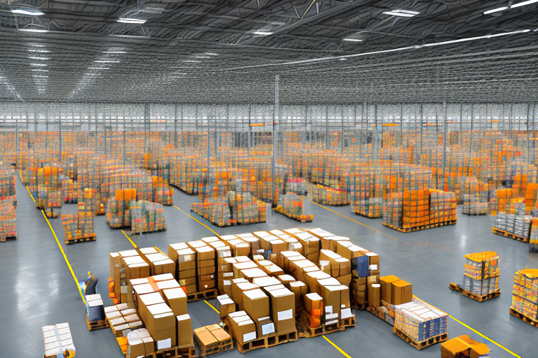 A large warehouse with amazon packages on conveyor belts and drones flying overhead