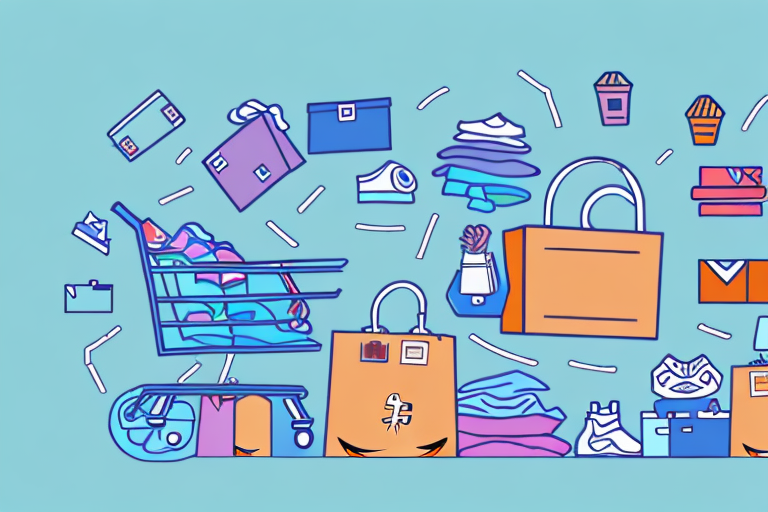 A pile of various types of clothing with a shopping cart icon and an amazon box