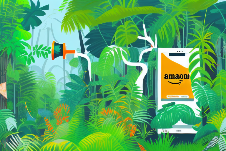 A symbolic representation of amazon's jungle with various advertising tools like a megaphone