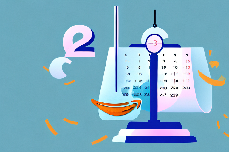 A scale balancing a box symbolizing amazon fba and a 2022 calendar