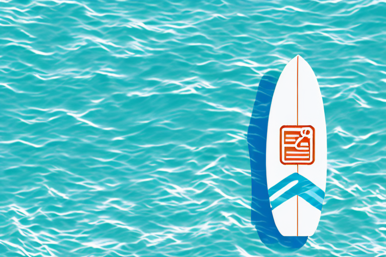 A surfboard gliding smoothly over a wave that's made up of various e-commerce symbols like shopping carts