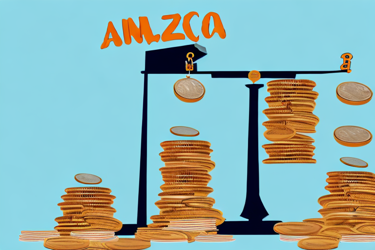 A balance scale with amazon boxes on one side and a pile of coins on the other to represent the cost and potential profit of using amazon fba in 2018