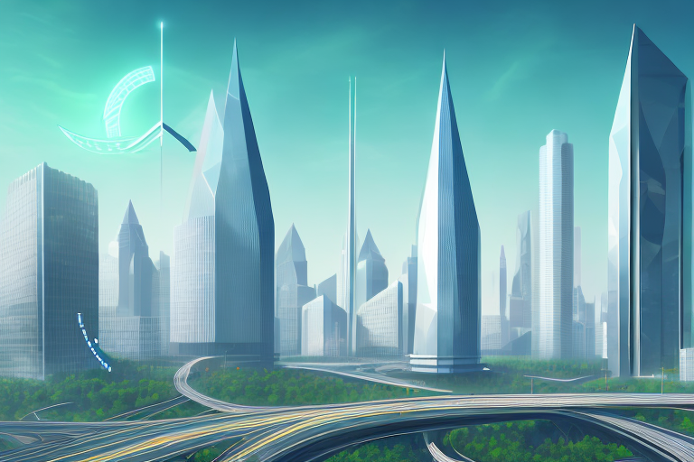 A futuristic city skyline with amazon's signature arrow shaped like a road leading towards an iconic building representing the insurance industry