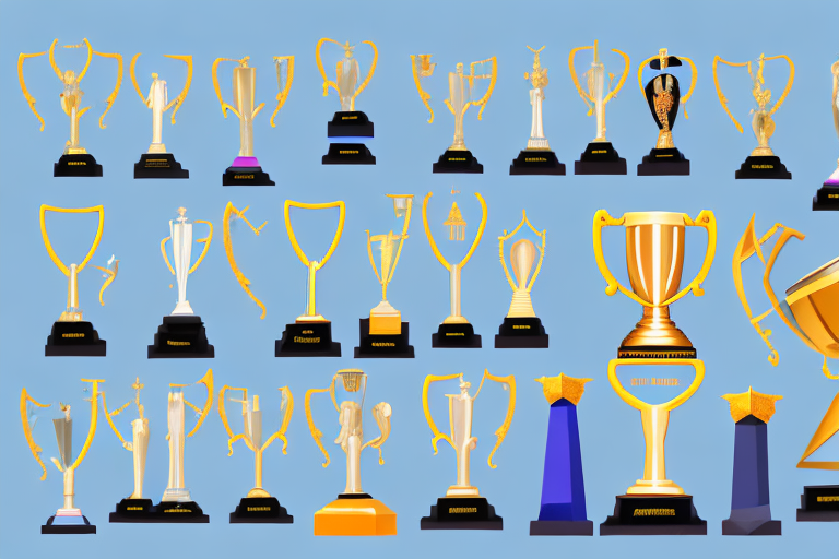 A collection of ten shining trophies on a shelf