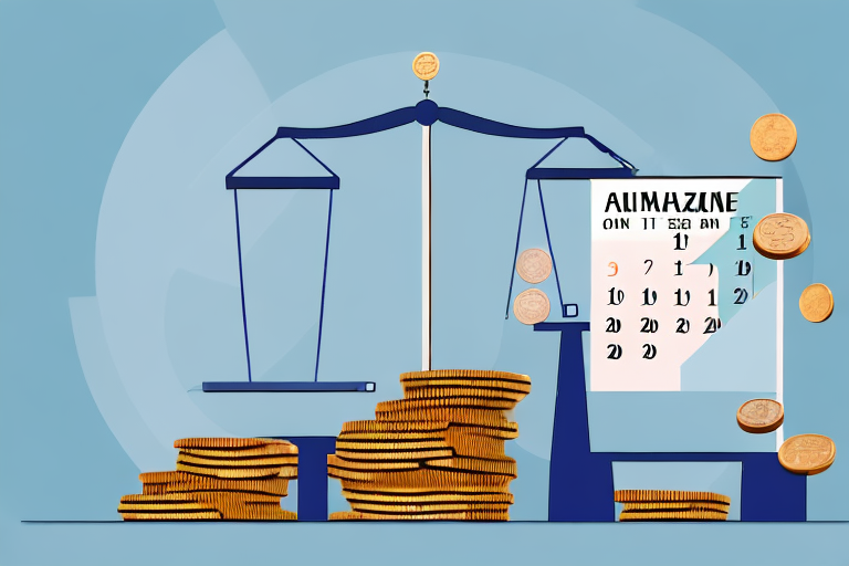 A balance scale with an amazon delivery box on one side and a pile of coins on the other