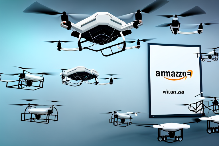 A futuristic warehouse with amazon-branded drones flying out