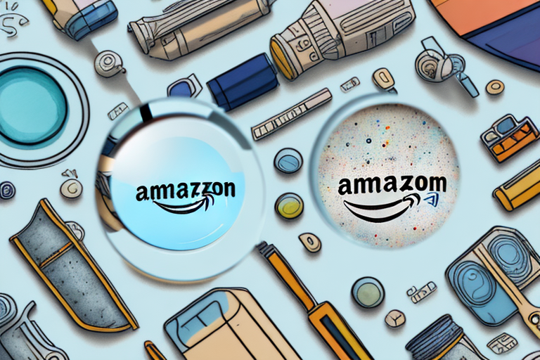 A magnifying glass hovering over a diverse landscape of various products symbolizing an amazon niche
