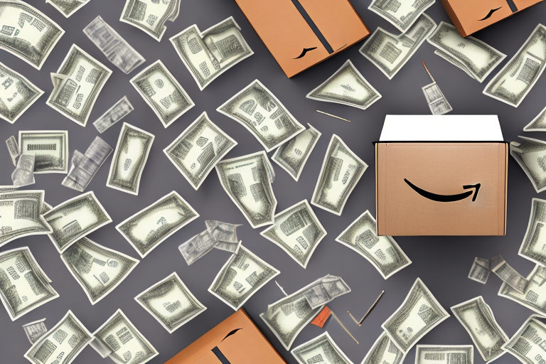 An amazon delivery box filled with dollar bills