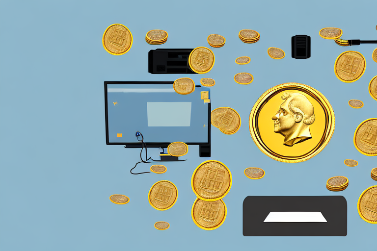 A pile of gold coins and a computer with the amazon website on the screen