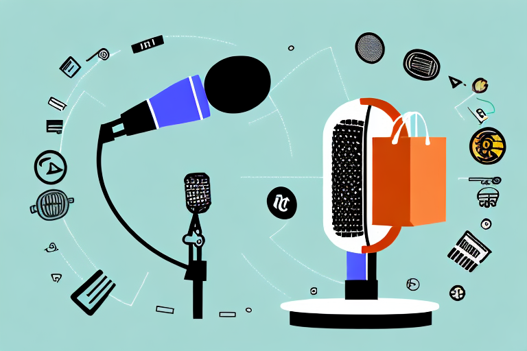 A podcast microphone surrounded by various e-commerce symbols like a shopping cart