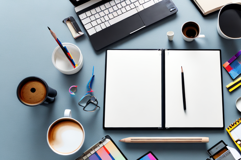 A desk with a laptop displaying a blank book template