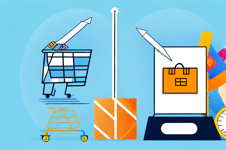 A balanced scale with various ecommerce elements like a shopping cart