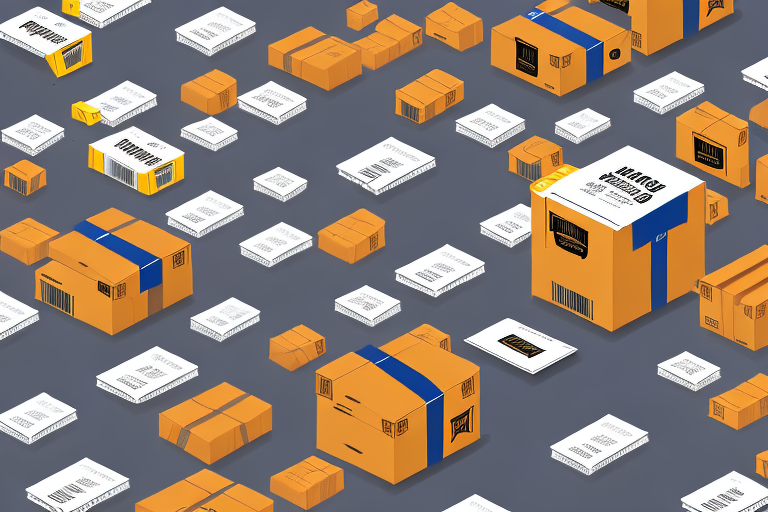 A warehouse with amazon-branded boxes on conveyor belts