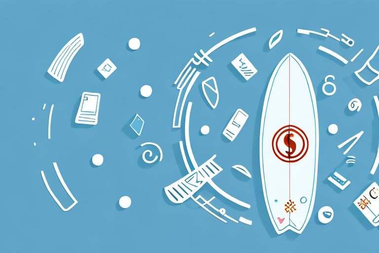 A surfboard riding on a wave of e-commerce symbols