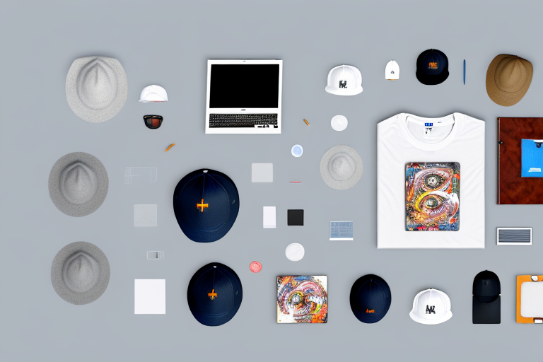 A neatly organized workspace with amazon merchandise like t-shirts