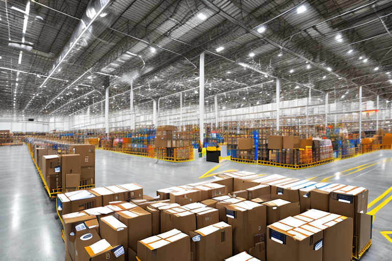 An amazon warehouse with conveyor belts transferring packages