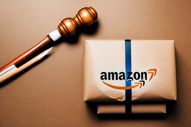 A gavel striking down on a package wrapped in brown paper