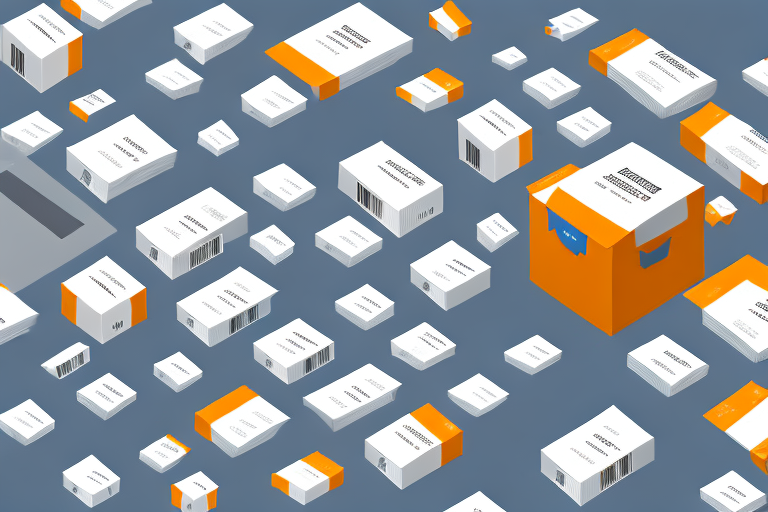 A stack of neatly organized boxes with a barcode scanner and a computer in a warehouse-like setup