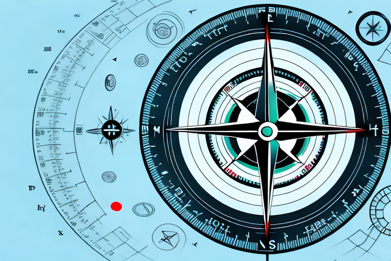 A 360-degree view compass surrounded by various market-related symbols like stocks