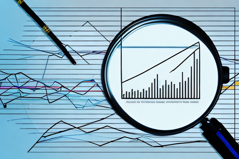 A magnifying glass hovering over a line graph that depicts fluctuating trends